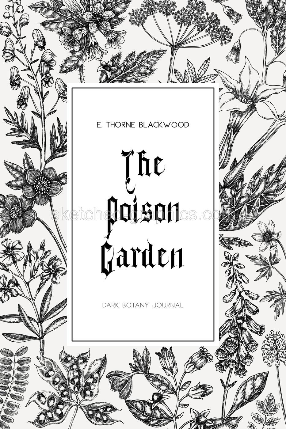 Sketch style witchcraft book cover design. Witch herbs background. Vintage apothecary card template. Poisonous plants hand drawn illustration in sketch style. NOT AI generated Illustration